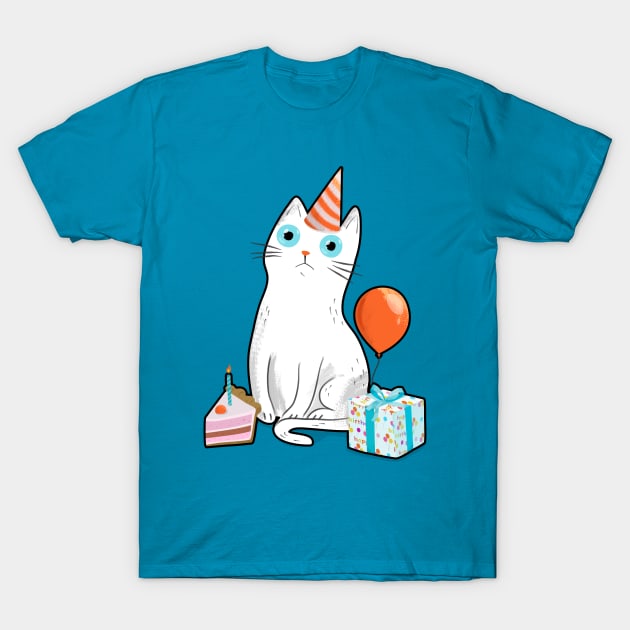 Intense Gaze White Birthday Cat T-Shirt by zorrorojo